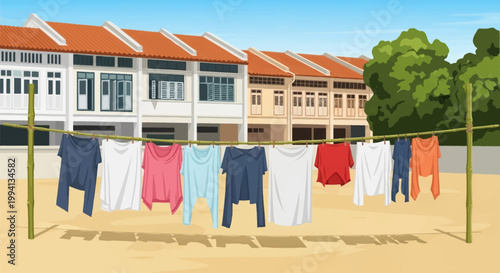 Vector illustration of colorful laundry hanging on a horizontal bamboo pole in a courtyard featuring traditional heritage shophouses with orange tile roofs and shuttered windows.