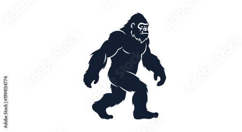 Full body vector silhouette of a walking Bigfoot or Sasquatch mythical creature. Hairy ape-like bipedal monster with muscular build and facial details isolated on a white background.