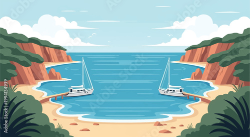 Flat vector illustration of a symmetrical coastal bay featuring two white yachts moored at wooden piers, sandy beaches, steep orange cliffs, and lush green vegetation under a blue sky.