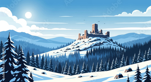 Vector illustration of ancient stone castle ruins situated on a snowy mountain peak overlooking a dense coniferous pine forest under a bright sun and clear blue winter sky.