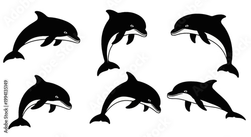 Set of six black and white dolphin illustrations in various swimming and jumping poses, isolated on white background. Stylized vector graphics of marine mammals for design use.