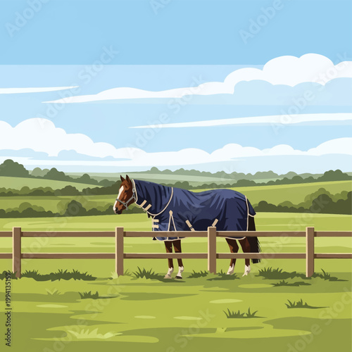 A brown horse wearing a blue turnout blanket and neck cover stands in a green pasture behind a wooden fence under a blue sky with clouds in a flat vector illustration style.