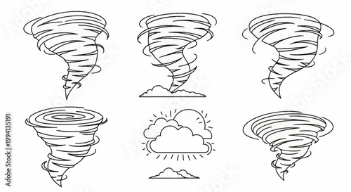 Collection of six black and white line art icons depicting five different tornado funnel designs and one weather graphic with a sun and clouds, isolated on a white background.