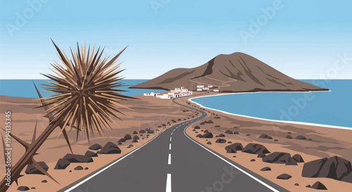 Vector illustration of a large spiky thorn bur in a desert landscape featuring a winding asphalt road leading toward a small coastal village with white houses and a mountain.