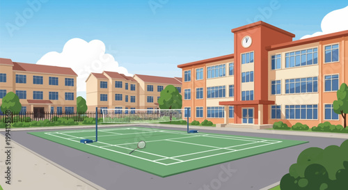 Vector illustration of an outdoor badminton court with a net, poles, and racket, situated on a school campus with multi-story brick buildings, a clock tower, and blue sky.