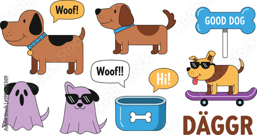 Cute dog cartoon illustration set featuring playful puppies speech bubbles skateboard pet bowl ghost costumes and fun typography in colorful style