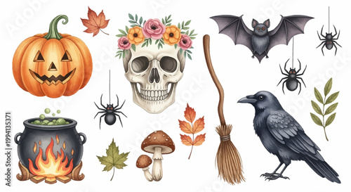 Watercolor Halloween illustrations featuring a carved pumpkin jack-o'-lantern, human skull with flower crown, black bat, raven, spiders, bubbling cauldron, broomstick and leaves.