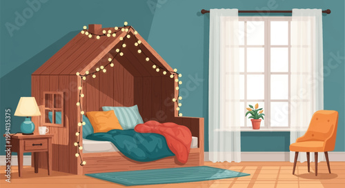 Flat vector illustration of a children's bedroom interior featuring a wooden house bed frame decorated with string lights, an orange armchair, and a window with sheer curtains.
