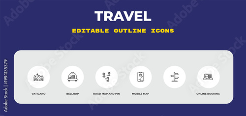 outline travel icons set - vaticano, bellhop, road map and pin. editable vector for web and mobile ui
