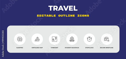outline travel icons set - sleeping, unfolded map, itinerary. editable vector for web and mobile ui