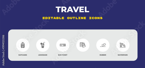 outline travel icons set - suitcases, lemonade, bus ticket. editable vector for web and mobile ui
