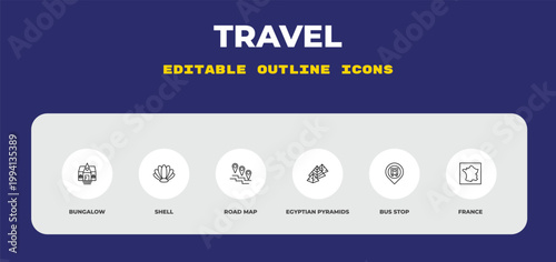 outline travel icons set - bungalow, shell, road map. editable vector for web and mobile ui