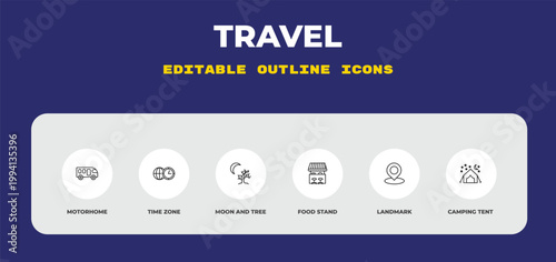 outline travel icons set - motorhome, time zone, moon and tree. editable vector for web and mobile ui