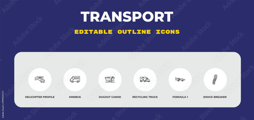 Fototapeta premium outline transport icons set - helicopter profile, minibus, dugout canoe. editable vector for web and mobile ui