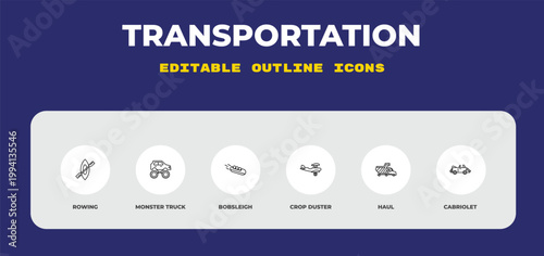 outline transportation icons set - rowing, monster truck, bobsleigh. editable vector for web and mobile ui