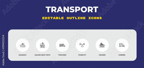 outline transport icons set - sailboat, sailing boat with veils, trucking. editable vector for web and mobile ui