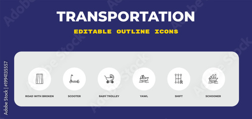 outline transportation icons set - road with broken lines, scooter, baby trolley. editable vector for web and mobile ui