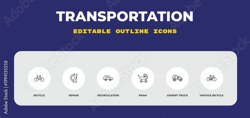 outline transportation icons set - bicycle, repair, recirculation. editable vector for web and mobile ui