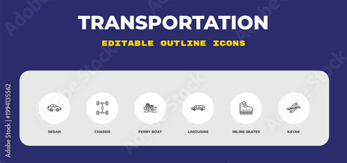 outline transportation icons set - sedan, chassis, ferry boat. editable vector for web and mobile ui