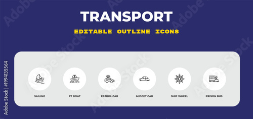 outline transport icons set - sailing, pt boat, patrol car. editable vector for web and mobile ui