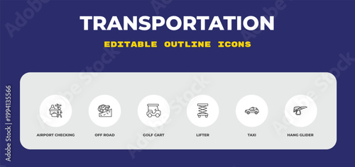 outline transportation icons set - airport checking, off road, golf cart. editable vector for web and mobile ui