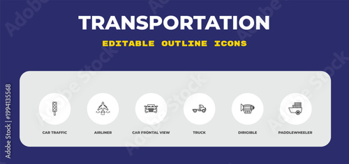 outline transportation icons set - car traffic, airliner, car frontal view. editable vector for web and mobile ui
