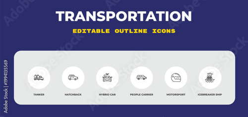 outline transportation icons set - tanker, hatchback, hybrid car. editable vector for web and mobile ui