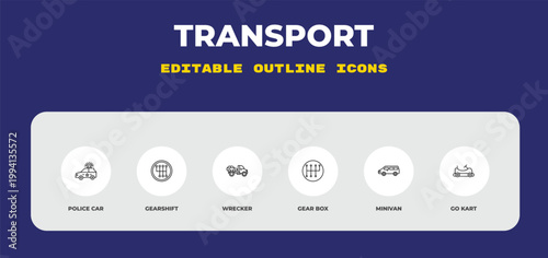 outline transport icons set - police car, gearshift, wrecker. editable vector for web and mobile ui