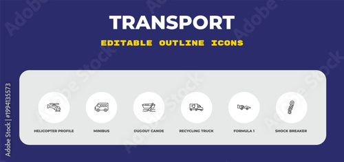 outline transport icons set - helicopter profile, minibus, dugout canoe. editable vector for web and mobile ui