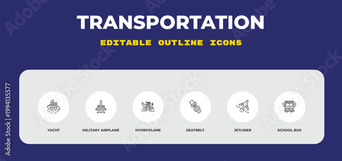 outline transportation icons set - yacht, military airplane, hydroplane. editable vector for web and mobile ui