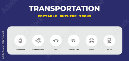 outline transportation icons set - trolleybus, flying airplane, suv. editable vector for web and mobile ui