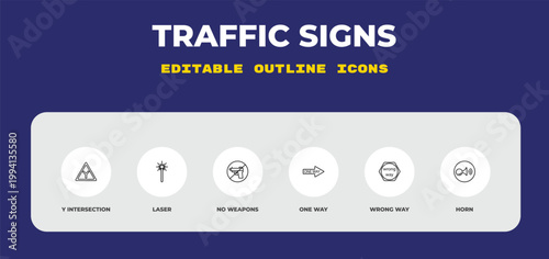 outline traffic signs icons set - y intersection, laser, no weapons. editable vector for web and mobile ui