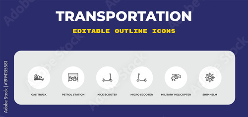 outline transportation icons set - gas truck, petrol station, kick scooter. editable vector for web and mobile ui