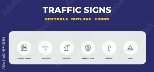 outline traffic signs icons set - school ahead, t junction, highway. editable vector for web and mobile ui