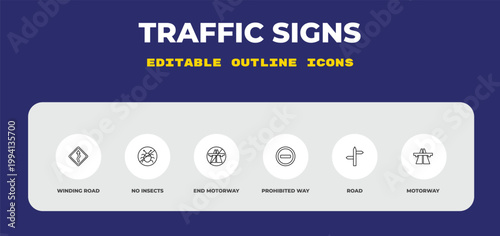outline traffic signs icons set - winding road, no insects, end motorway. editable vector for web and mobile ui