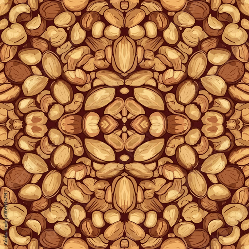 Symmetrical vector illustration of mixed nuts including almonds, cashews, and peanuts arranged in a kaleidoscope pattern, overhead brown organic food background texture for design.