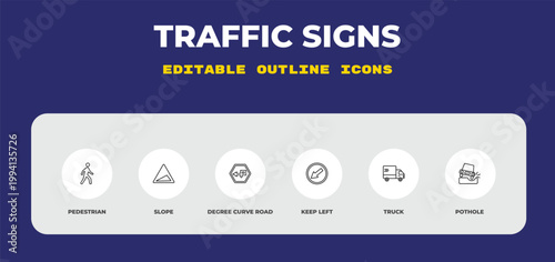 outline traffic signs icons set - pedestrian, slope, degree curve road. editable vector for web and mobile ui