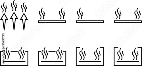 Heat Evaporation and Steam Flow Icon Set with Rising Arrows, Vapor Lines, and Surface Symbols Representing Temperature, Heating Process, Thermal Energy, and Air Circulation Concept