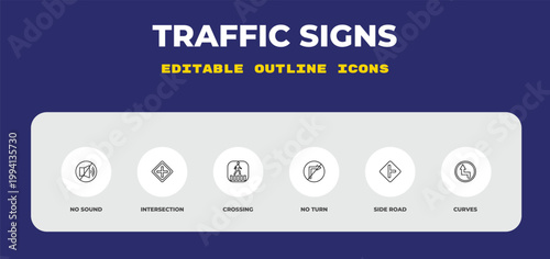 outline traffic signs icons set - no sound, intersection, crossing. editable vector for web and mobile ui