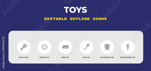 outline toys icons set - rattle toy, puzzle toy, bus toy. editable vector for web and mobile ui