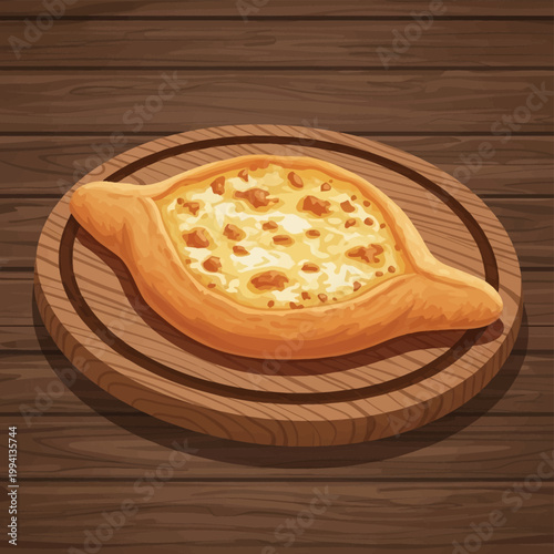 Traditional Adjarian khachapuri boat-shaped Georgian cheese bread with melted cheese filling, served on a circular wooden board over a dark brown rustic wood surface background.