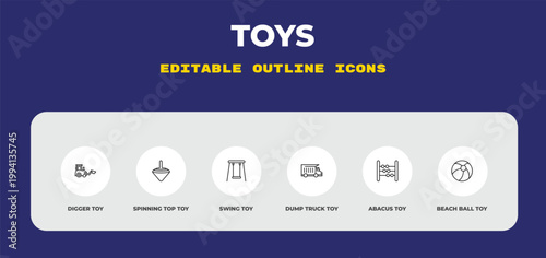outline toys icons set - digger toy, spinning top toy, swing toy. editable vector for web and mobile ui