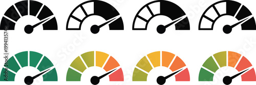 Speedometer icon set, collection of vector gauge meters showing low medium high levels for performance tracking risk analysis and measurement concept in modern interface design.