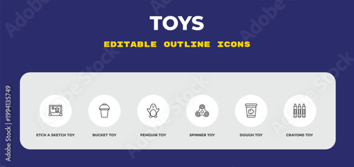 outline toys icons set - etch a sketch toy, bucket toy, penguin toy. editable vector for web and mobile ui
