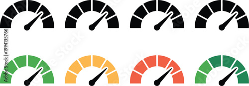 Speedometer icon set, vector gauges from low to high levels representing risk meter performance measurement and progress indicators for dashboard UI and analytics design.