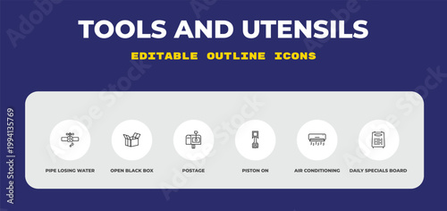 outline tools and utensils icons set - pipe losing water, open black box, postage. editable vector for web and mobile ui