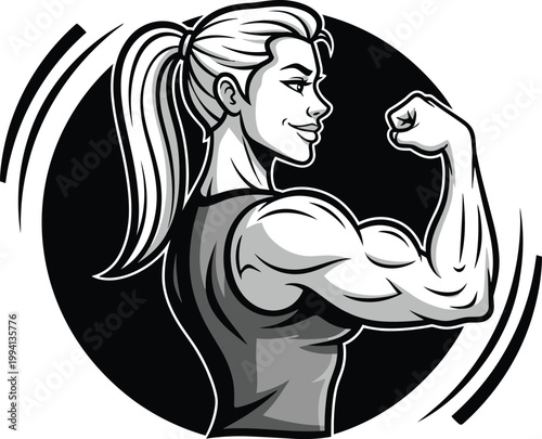 Woman with long hair and ponytail flexing her muscles strongly in gym