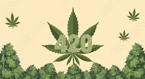 Vector illustration of a large central marijuana leaf with 420 text, featuring a border of dense cannabis buds at the bottom and small floating leaves on a cream background.
