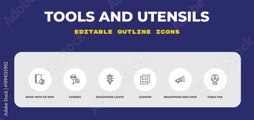 outline tools and utensils icons set - book with cd rom, candies, semaphore lights. editable vector for web and mobile ui