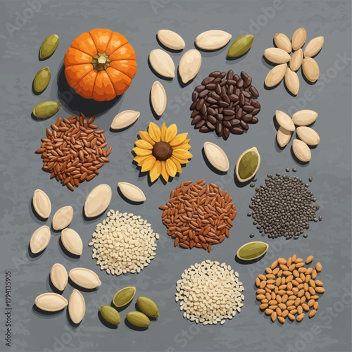 Top view vector illustration of mixed edible seeds like pumpkin, sunflower, flax, sesame, and chia with a mini pumpkin and sunflower blossom on a textured grey concrete background.